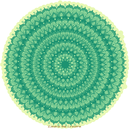 green & yellow mandala w/ the text "zandria the creatrix" small on the bottom in the center
